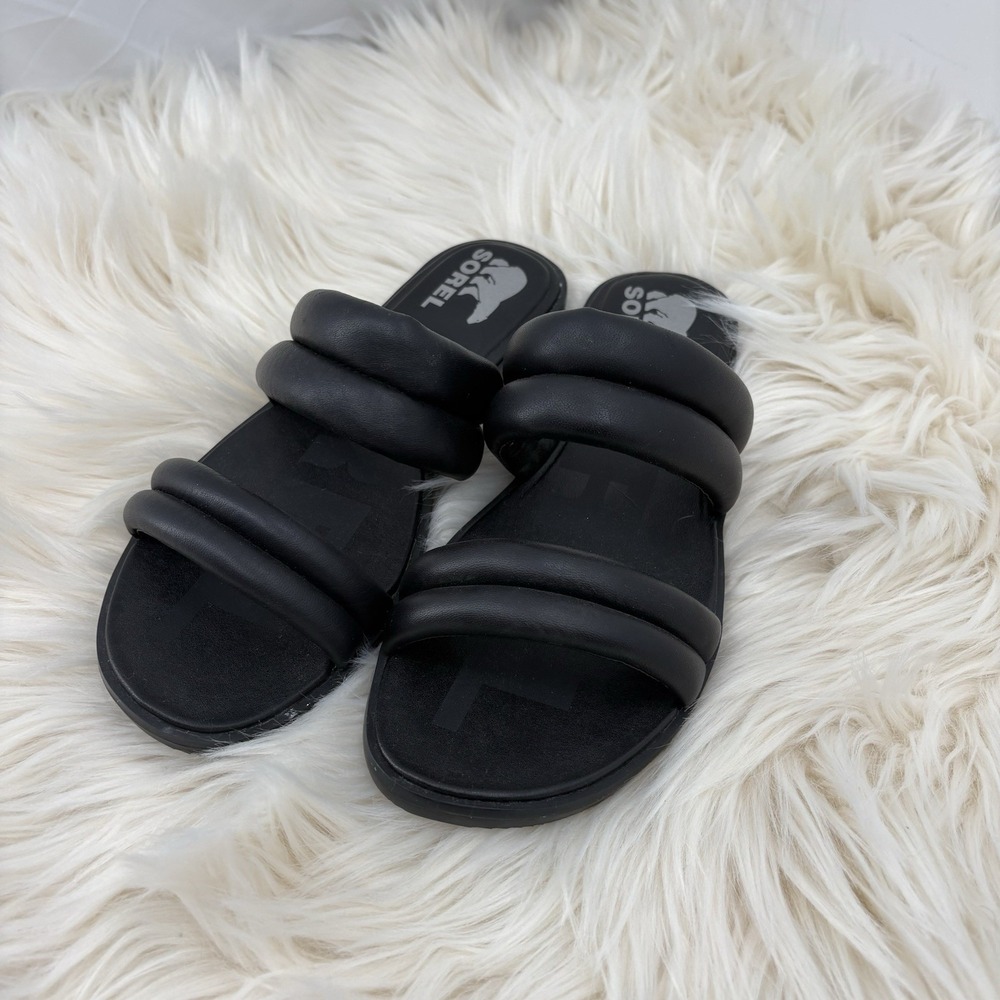 Sorel‎ Women's Ella II Puff Slide Sandal Black  / Sea Salt Size 9